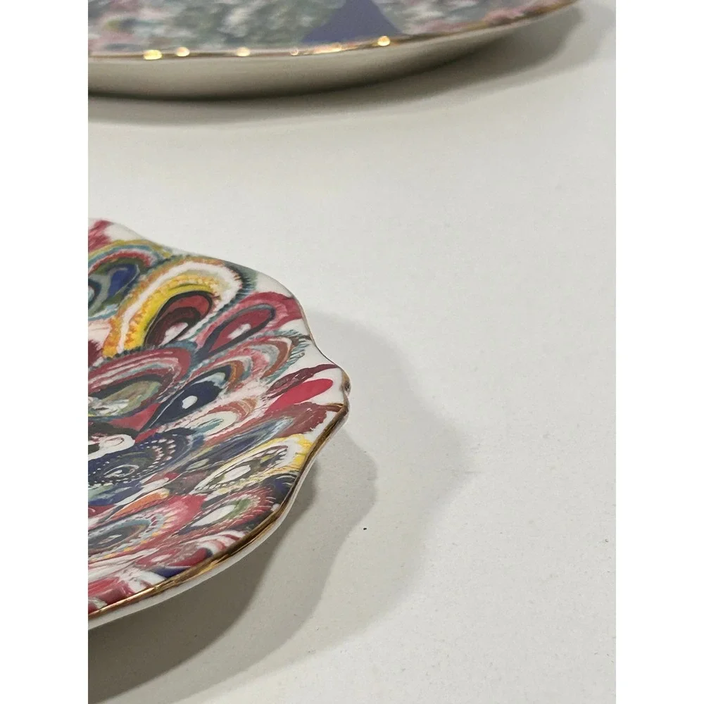 Anthropologie Starla M Halfmann Peacock White Scalloped Side Plates Set of 3